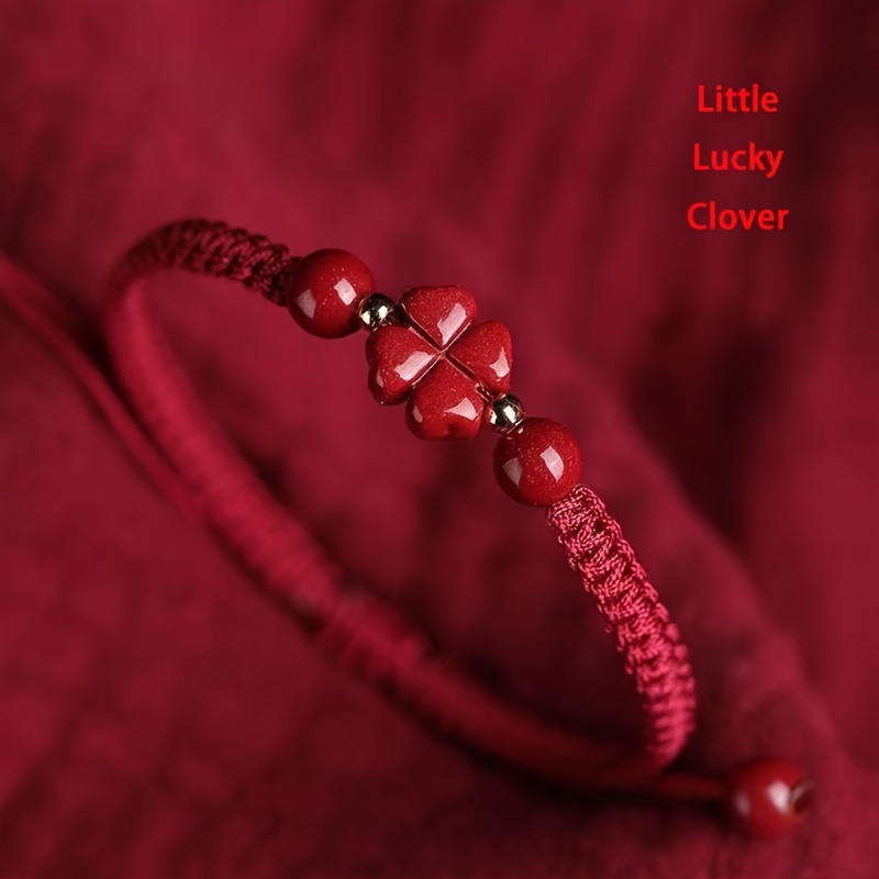 Braided Lucky Red Cord Bracele - Red Clover Flower 评论和价格
