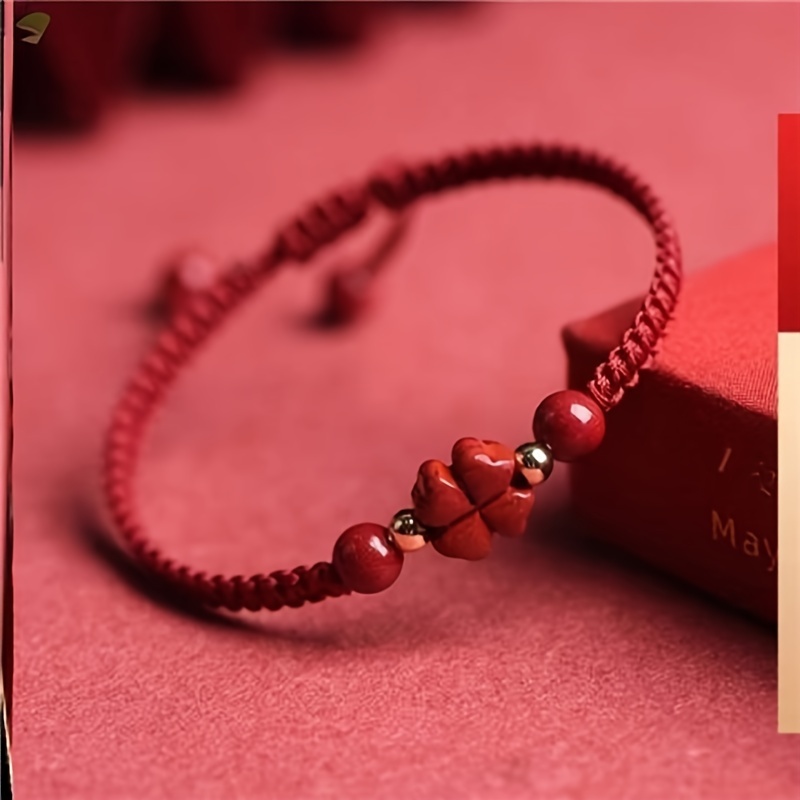 Braided Lucky Red Cord Bracele - Red Clover Flower 评论和价格