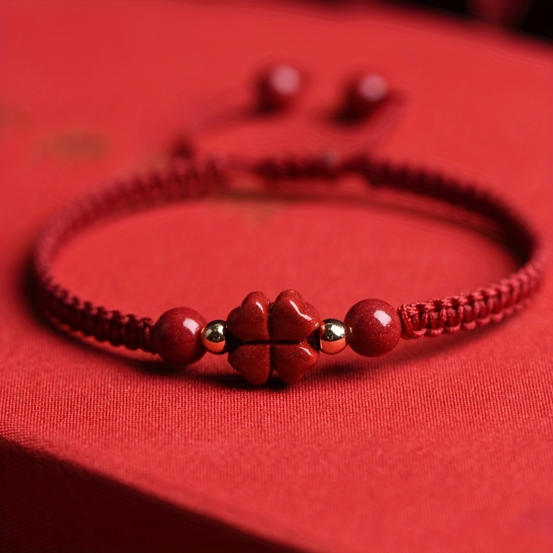 Braided Lucky Red Cord Bracele - Red Clover Flower 评论和价格